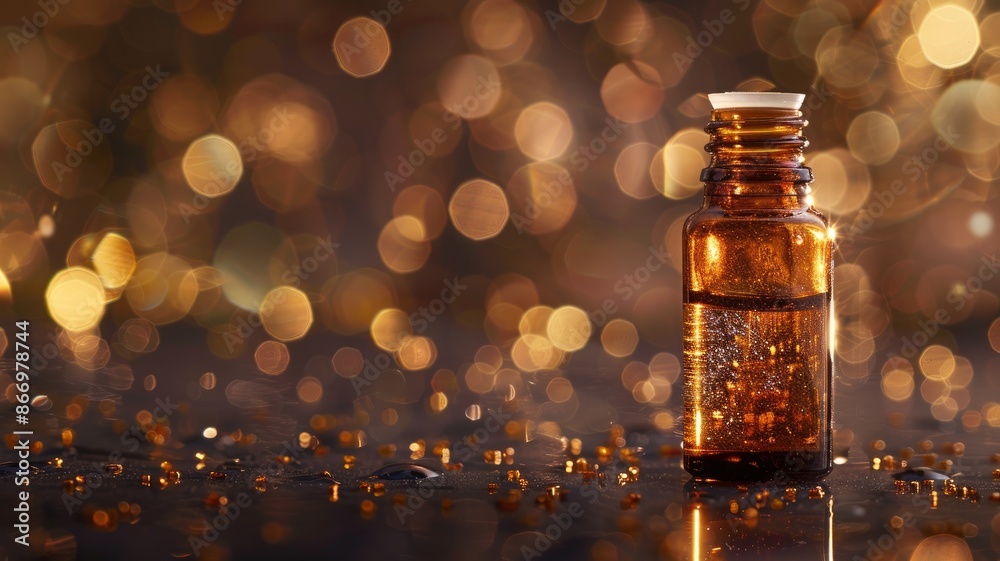 Small amber glass bottle on dark surface with golden bokeh background Small amber glass bottle on dark surface with golden bokeh background