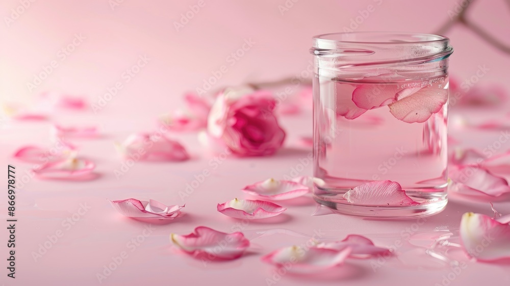 Clear jar with pink petals in water, surrounded by scattered