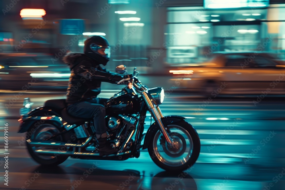Biker wearing a helmet is riding a motorcycle at night in the city with motion blur Biker wearing a helmet is riding a motorcycle at night in the city with motion blur
