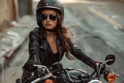 Attractive biker woman wearing black leather jacket and helmet is riding custom chopper motorcycle on empty road