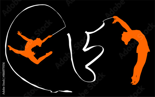 aro, gimnasia, deportes, acrobatas, gimnastas, silueta, vectores, bola. liston