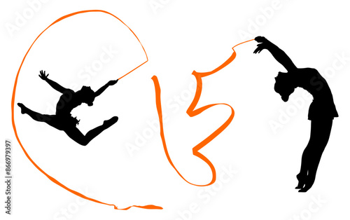 aro, gimnasia, deportes, acrobatas, gimnastas, silueta, vectores, bola. liston