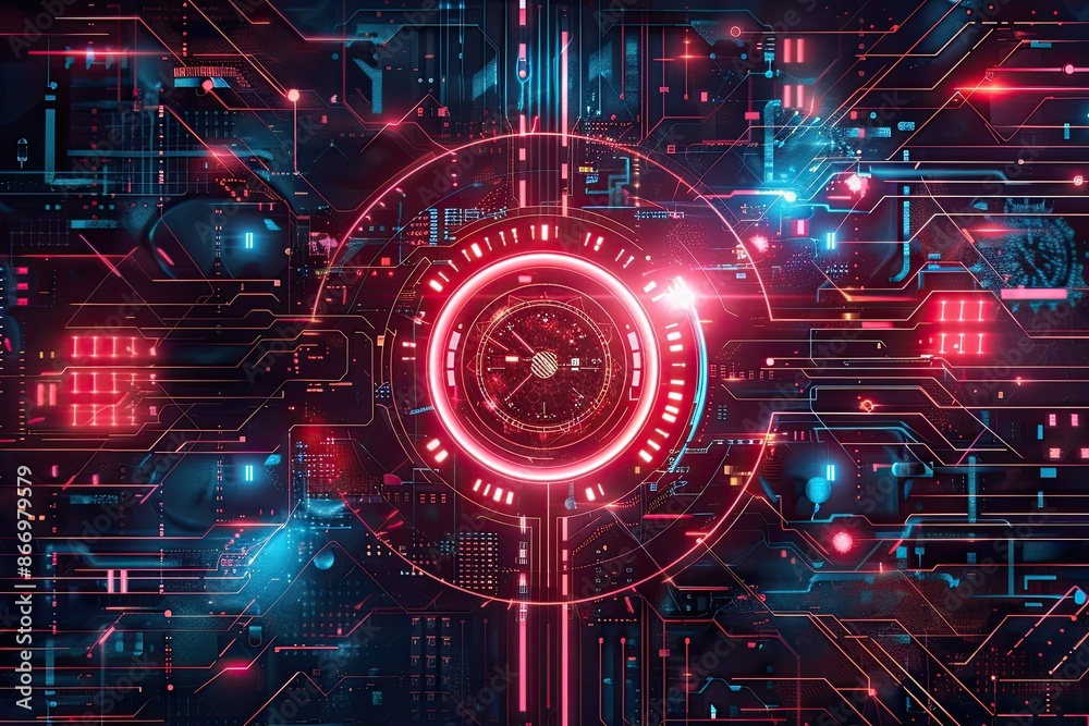 A computer chip with a red circle in the middle. The circle is surrounded by a lot of blue and red lines A computer chip with a red circle in the middle. The circle is surrounded by a lot of blue and red lines
