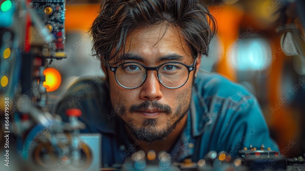 Electronics assembler Asian man assembling electronic devices on a production line against the background of components and equipment Electronics assembler Asian man assembling electronic devices on a production line against the background of components and equipment