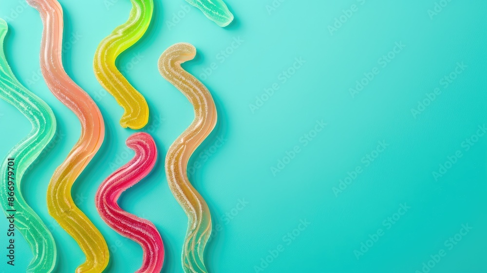 Colorful, wavy gummy candies on blue background Colorful, wavy gummy candies on blue background