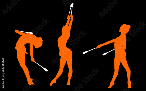 aro, gimnasia, deportes, acrobatas, gimnastas, silueta, vectores, bola. liston
