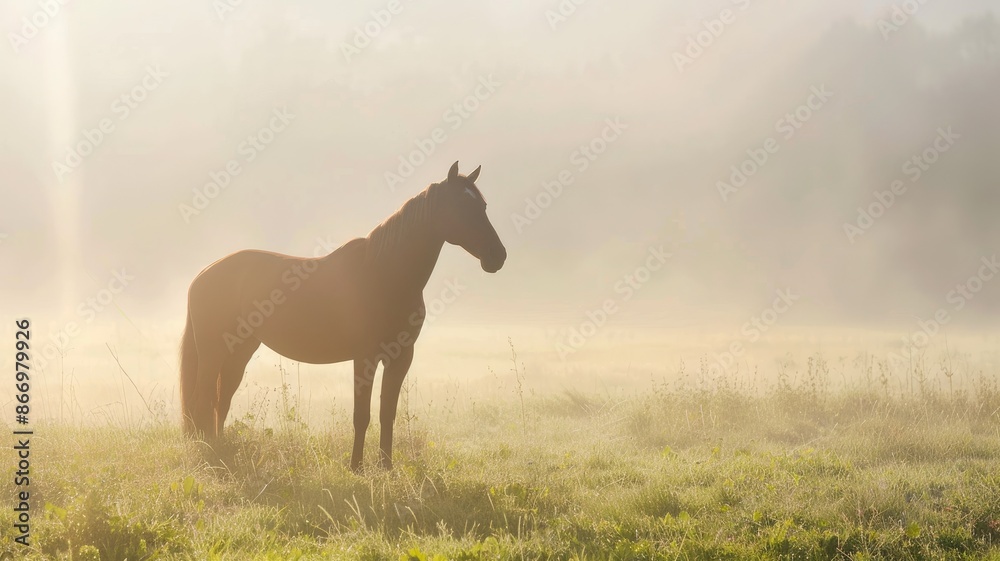 Solitary horse stands in misty field at sunrise Solitary horse stands in misty field at sunrise