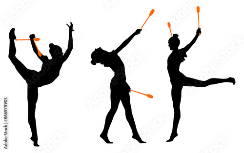 aro, gimnasia, deportes, acrobatas, gimnastas, silueta, vectores, bola. liston