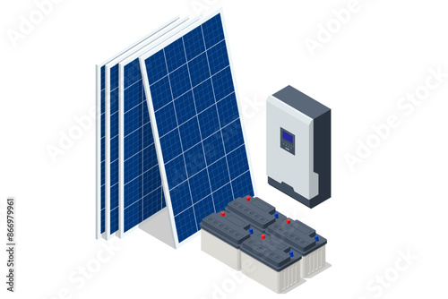 Isometric Personal power plant, photovoltaic panel and battery, Energy density, Monocrystalline panels, Solar energy, Photovoltaic panels, PV system, Photovoltaics, Solar modules, Efficiency.