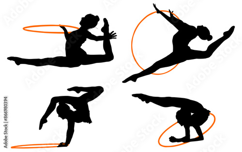 aro, gimnasia, deportes, acrobatas, gimnastas, silueta, vectores, bola. liston