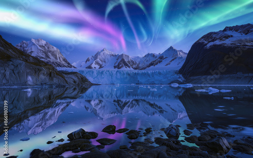 Alaska Glacier Bay National Park Aurora Above Glaciers Generative AI