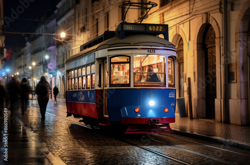 Wallpaper Mural An old red tram is seen on a quiet city street at night, with soft lighting creating a calm and nostalgic atmosphere Torontodigital.ca