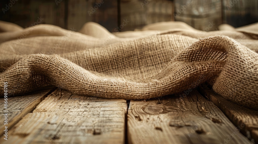 Fototapeta premium A piece of burlap fabric is laying on a wooden surface. The fabric is wrinkled and has a rough texture. The wooden surface is also rough and uneven, giving the scene a rustic and natural feel