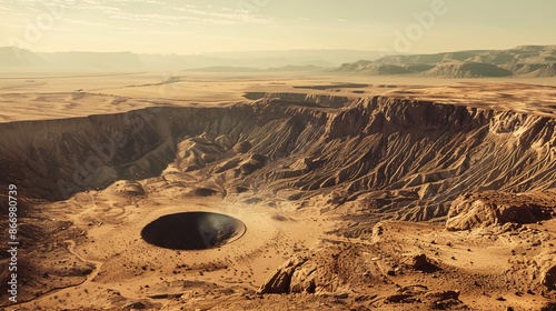 In a desolate desert landscape a massive crater serves as a reminder of the immense power of a meteorite impact photo