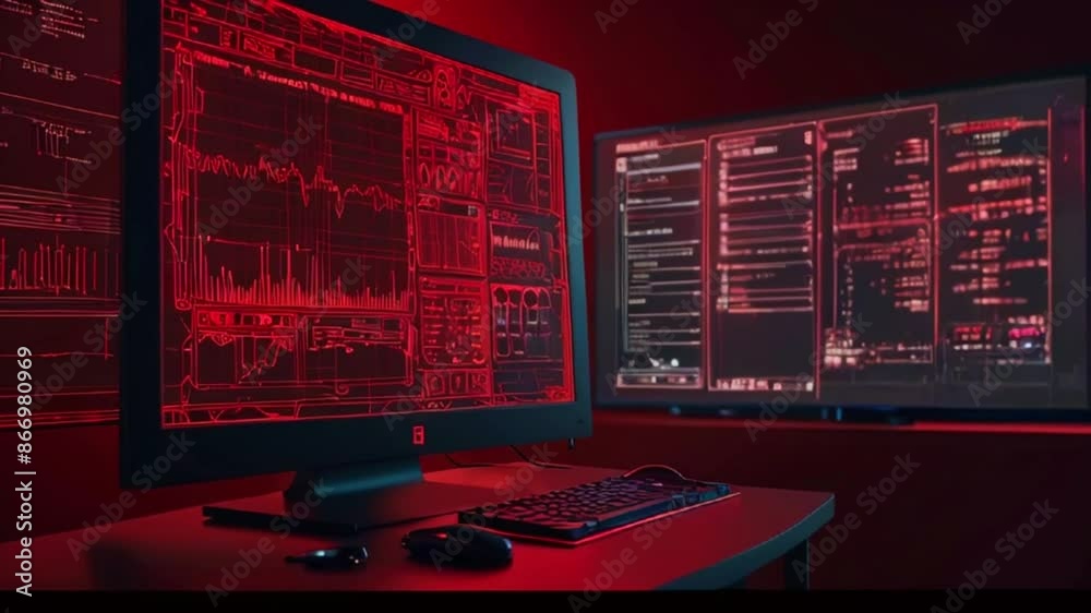 There are two computer monitors on a desk in a dark room. The monitors are displaying red and green text and graphics. There are two computer monitors on a desk in a dark room. The monitors are displaying red and green text and graphics.