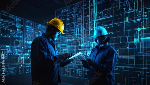 Two people in hard hats are looking at a digital blueprint of a building. photo