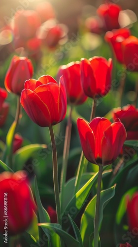 Red tulips in bloom at sunset, close-up view. Springtime floral beauty concept