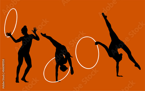 aro, gimnasia, deportes, acrobatas, gimnastas, silueta, vectores, bola. liston