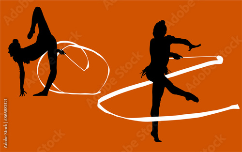 aro, gimnasia, deportes, acrobatas, gimnastas, silueta, vectores, bola. liston