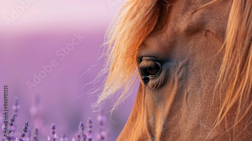 Close-up of chestnut horse's face with lavender and soft purple background