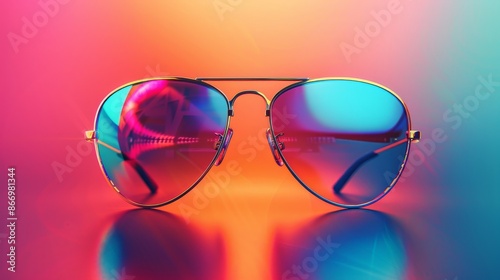Colorful aviator sunglasses on gradient background, vibrant fashion accessory. Style and retro concept