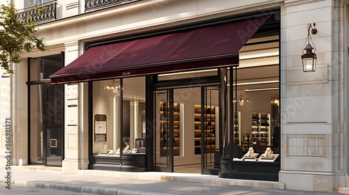 Modern luxury Parisian boutique storefront with an inviting burgundy awning, combining contemporary elegance with Parisian allure