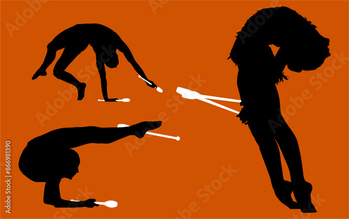 aro, gimnasia, deportes, acrobatas, gimnastas, silueta, vectores, bola. liston