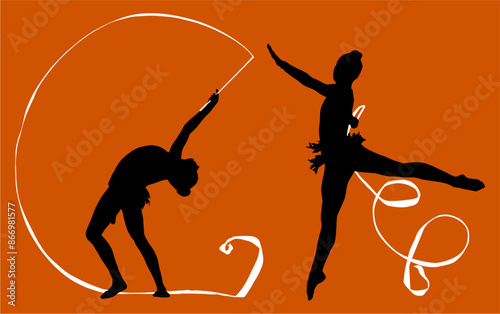 aro, gimnasia, deportes, acrobatas, gimnastas, silueta, vectores, gimnasia ritmica