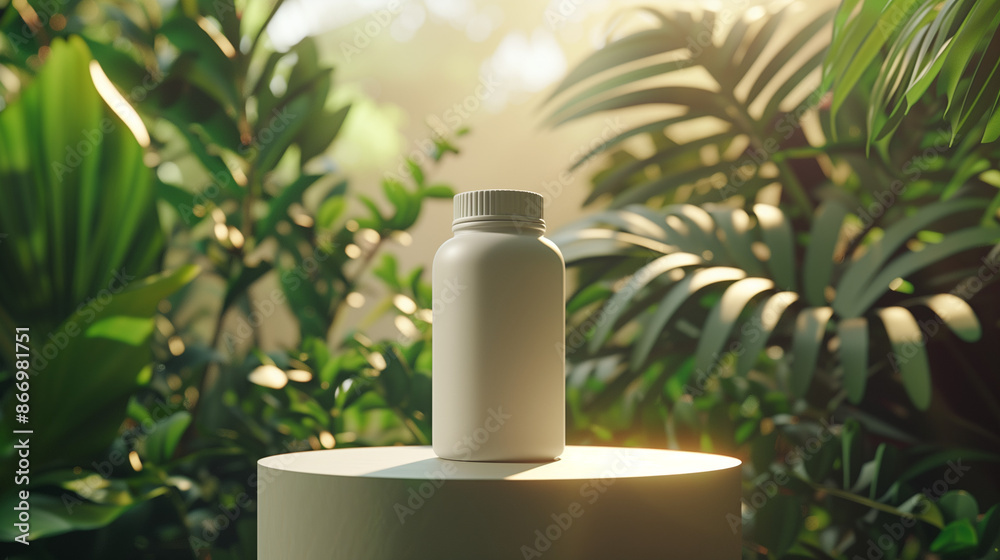 A photorealistic mockup of a white opaque pills bottle, standing in a short podium, illuminated with a single source of light, with vivid vegetal elements in the background, neutral ambience A photorealistic mockup of a white opaque pills bottle, standing in a short podium, illuminated with a single source of light, with vivid vegetal elements in the background, neutral ambience