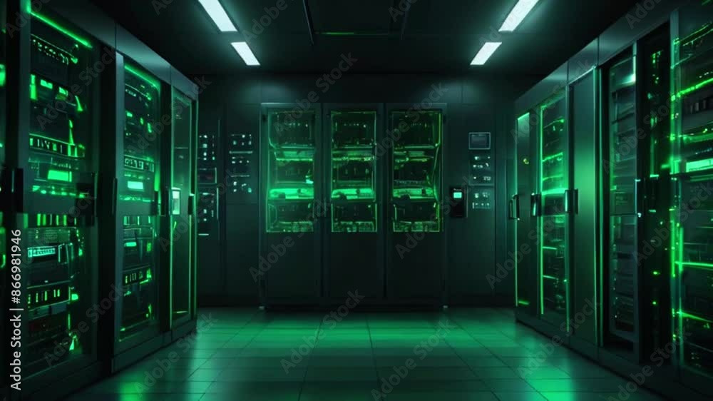 A dark room with multiple server racks with green lights. A dark room with multiple server racks with green lights.