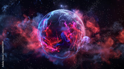 3D Spectacular cosmic cloud explosion within transparent sphere with black background. Nebula and stars in space concept with purple neon. Abstract wallpaper and creative design, AI Generative.