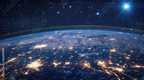 Glowing Digital Network Over Earth in Cosmic Space