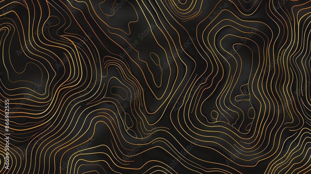Obraz premium Topographic line map pattern background vector illustration with dark black and gold colors, topographical lines.