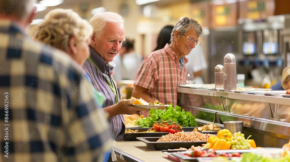 Senior citizens enjoying a buffet lunch with a variety of dishes.
