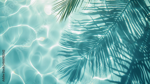 Clean Water Texture. Realistic Water Surface Overlay with tropical leaf shadow. Transparent Overlay of a palm leaf silhouette with ripples on a light blue water surface. summer water, AI Generated.