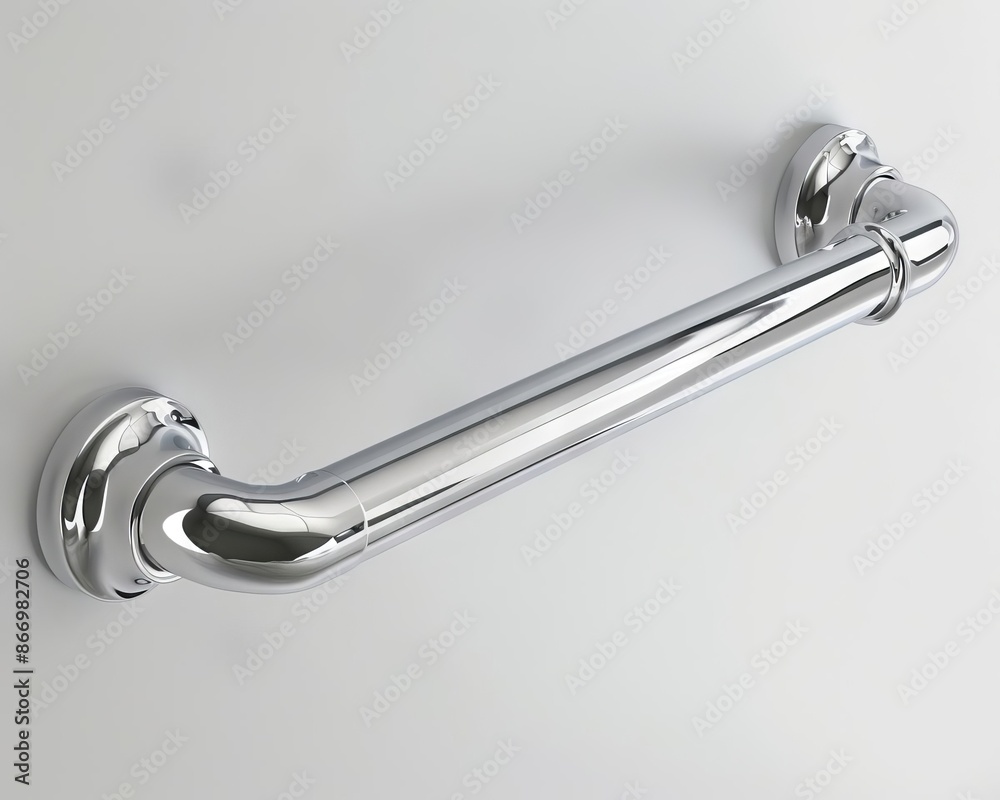 Chrome bathroom grab bar with rounded ends, mounted on white wall.