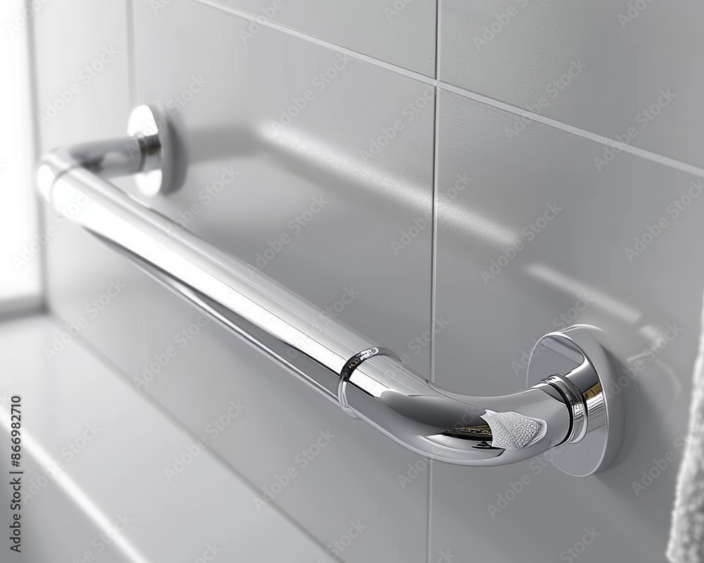 Chrome bathroom safety grab bar mounted on tiled wall.