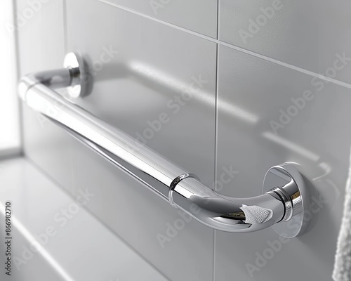 Obraz na płótnie Chrome bathroom safety grab bar mounted on tiled wall. w salonie