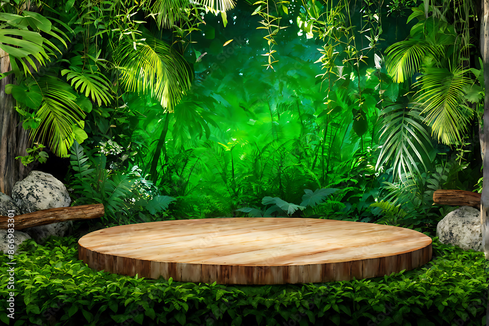 Background podium jungle product platform 3D green wood display pedestal. Background podium jungle tree nature leaf tropical cosmetic summer forest plant garden stage water presentation stone table. Background podium jungle product platform 3D green wood display pedestal. Background podium jungle tree nature leaf tropical cosmetic summer forest plant garden stage water presentation stone table.