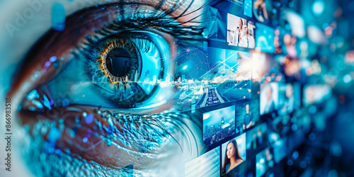 An eye reflecting myriad digital screens symbolizes the convergence of human perception and digital information. photo