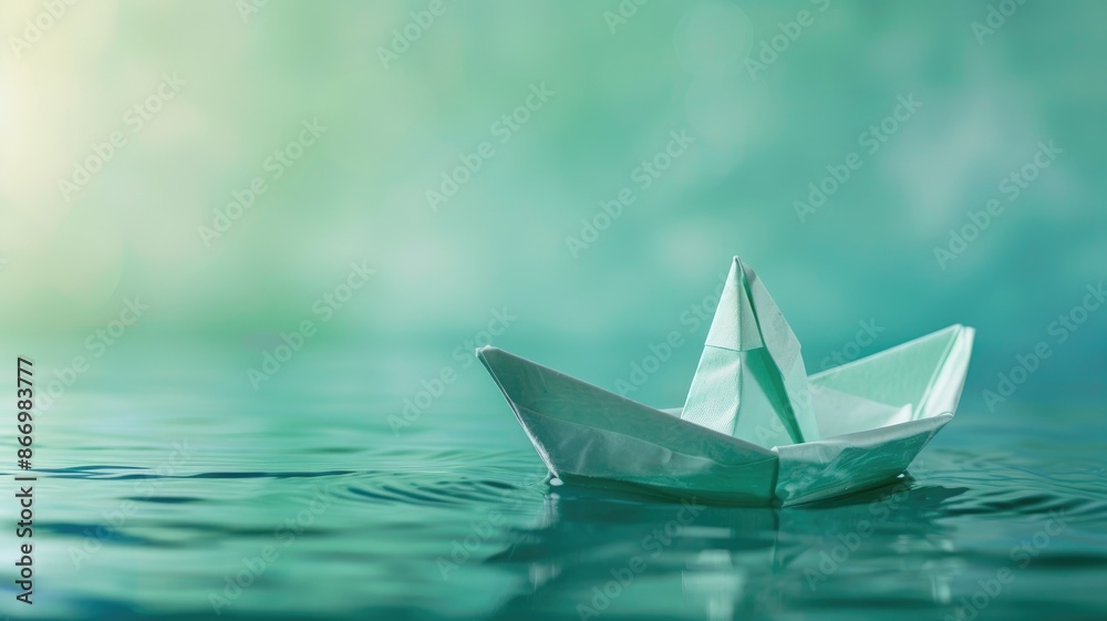 Origami paper boat floating on tranquil water surface Origami paper boat floating on tranquil water surface