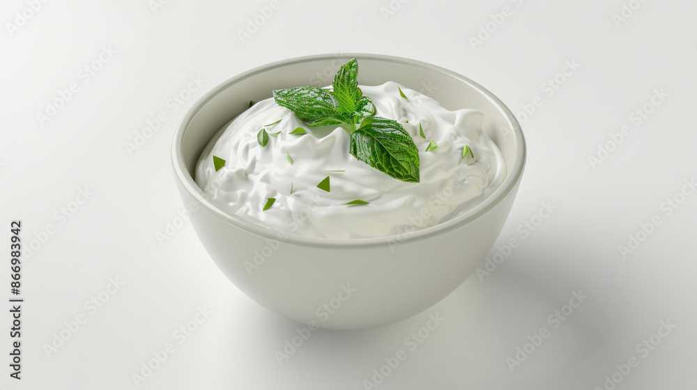 a bowl of herb-infused creamy yogurt, topped with a fresh mint sprig, in a simple white bowl a bowl of herb-infused creamy yogurt, topped with a fresh mint sprig, in a simple white bowl