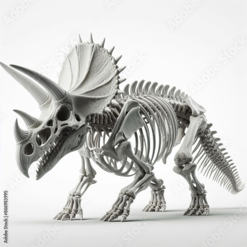  Triceratops skeleton, isolated on a white background, emphasizing the skeletal framework and unique features like the horns and frill