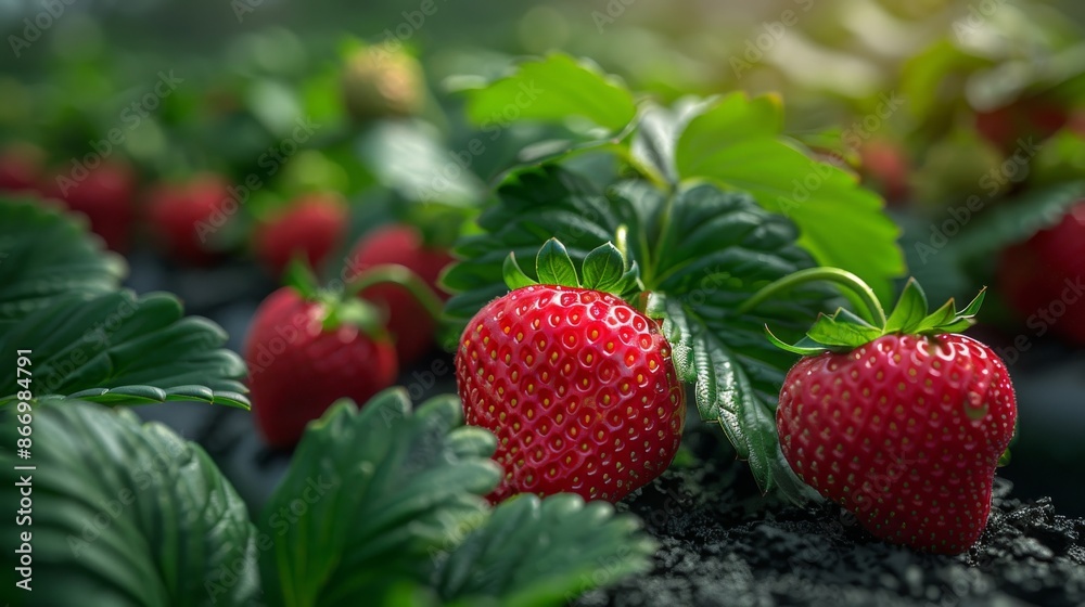 Ripe strawberries growing on a plant in a garden, close-up. Organic farming and fresh produce concept Ripe strawberries growing on a plant in a garden, close-up. Organic farming and fresh produce concept