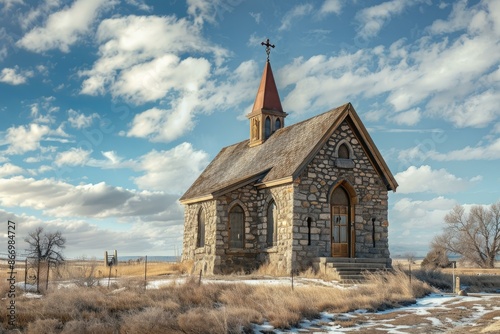 Old stone church stands on the prairie on a winter day with a bright blue sky and white clouds