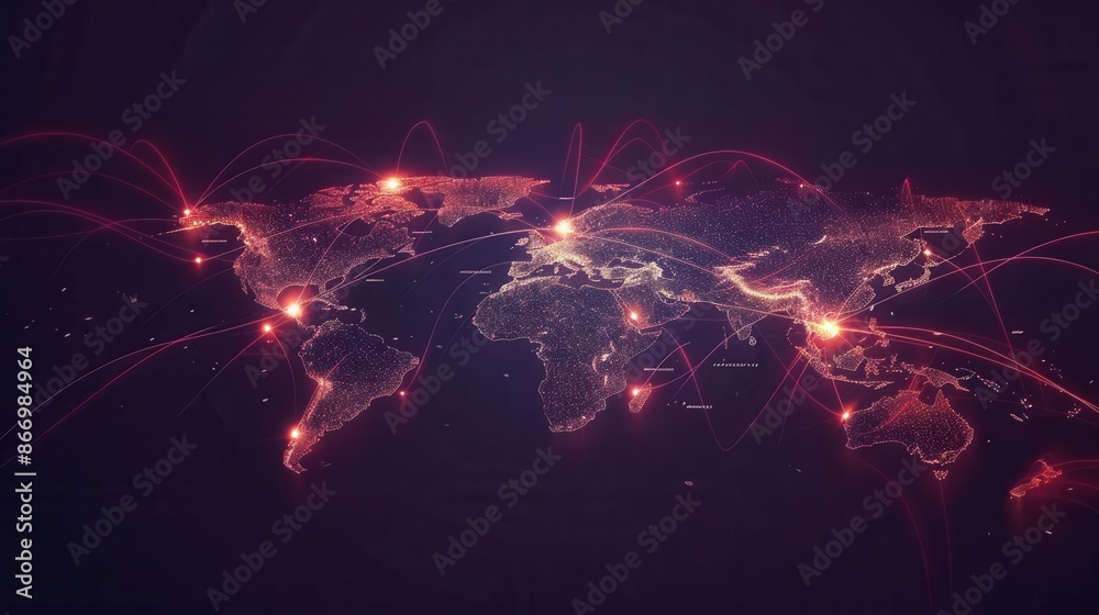 A minimalist world map with glowing red lines highlighting popular travel routes, perfect for travel agencies and global booking services. Generative AI A minimalist world map with glowing red lines highlighting popular travel routes, perfect for travel agencies and global booking services. Generative AI