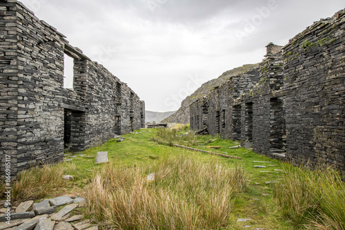 The abandoned Cwmorthin Terrace and Rhosydd Slate Quarry at Blaenau Ffestiniog in Gwynedd, Wales
