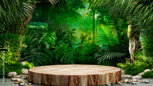  Background podium jungle product platform 3D green wood display pedestal. Background podium jungle tree nature leaf tropical cosmetic summer forest plant garden stage water presentation stone table.  © Five Million Stocks