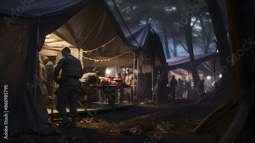 Soldiers providing medical aid in a makeshift field hospital during a humanitarian mission.