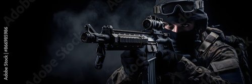 Special forces soldier or private military contractor in tactical gear during a mission.